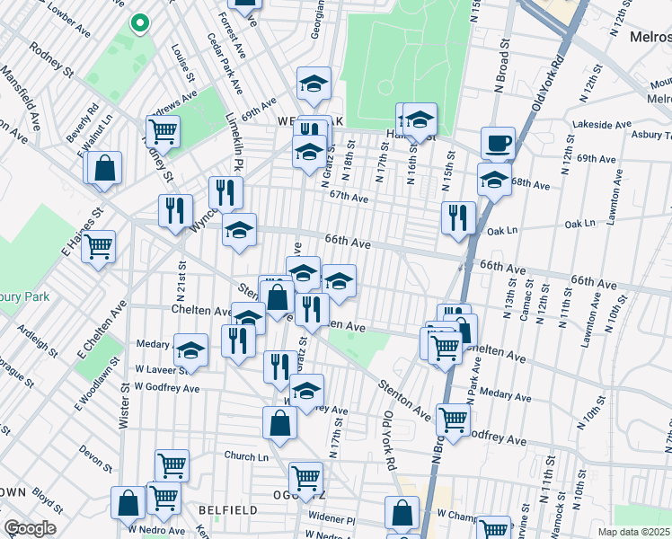 map of restaurants, bars, coffee shops, grocery stores, and more near 6515 North 18th Street in Philadelphia