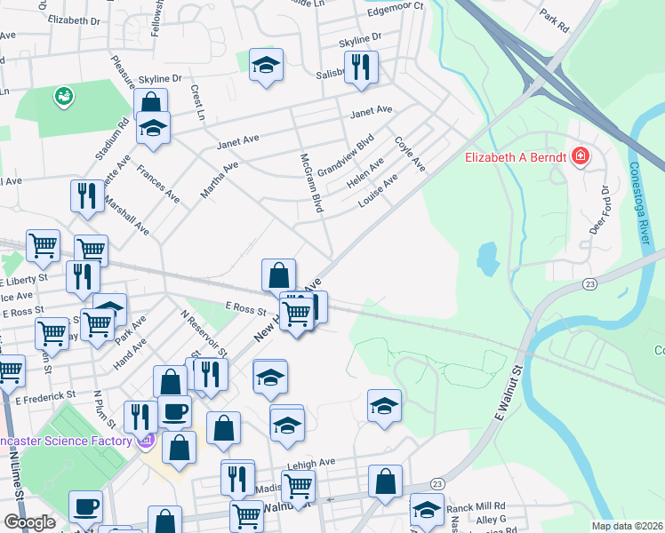 map of restaurants, bars, coffee shops, grocery stores, and more near 916 New Holland Avenue in Lancaster