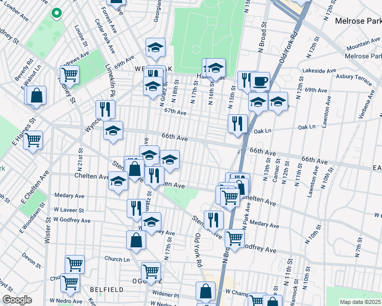 map of restaurants, bars, coffee shops, grocery stores, and more near 6524 North Smedley Street in Philadelphia