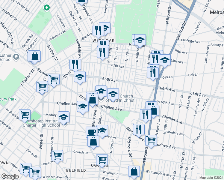 map of restaurants, bars, coffee shops, grocery stores, and more near 6515 North 18th Street in Philadelphia