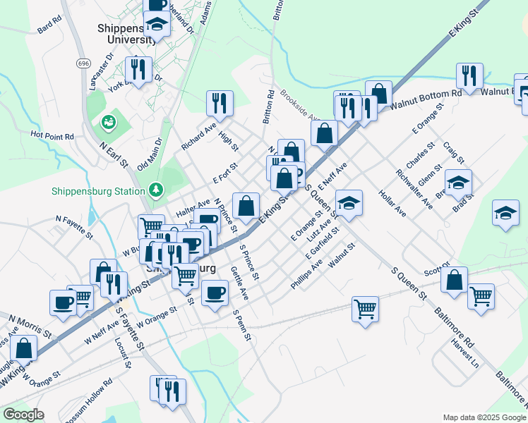 map of restaurants, bars, coffee shops, grocery stores, and more near 301 East King Street in Shippensburg