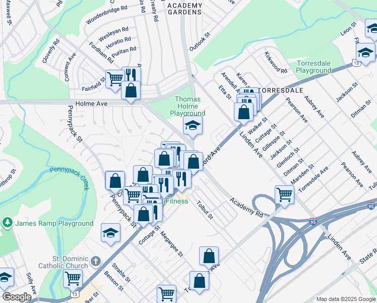 map of restaurants, bars, coffee shops, grocery stores, and more near 9115 Academy Road in Philadelphia