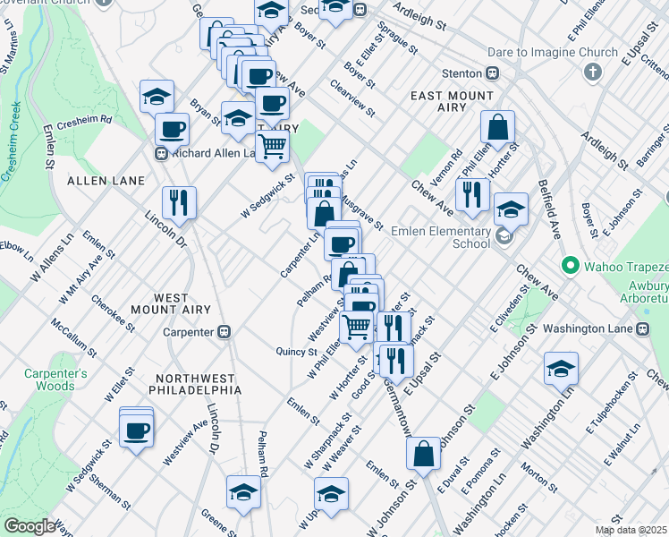 map of restaurants, bars, coffee shops, grocery stores, and more near 6745 Germantown Avenue in Philadelphia