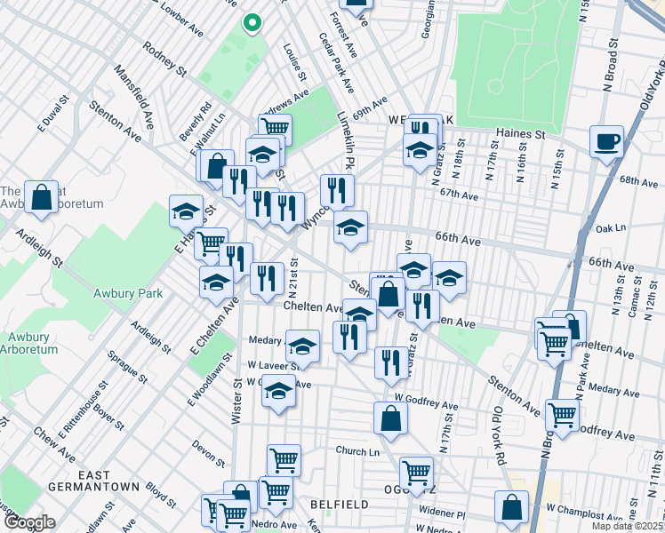 map of restaurants, bars, coffee shops, grocery stores, and more near 2025 Stenton Avenue in Philadelphia