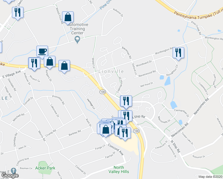 map of restaurants, bars, coffee shops, grocery stores, and more near 107 Caernarvon Court in Exton