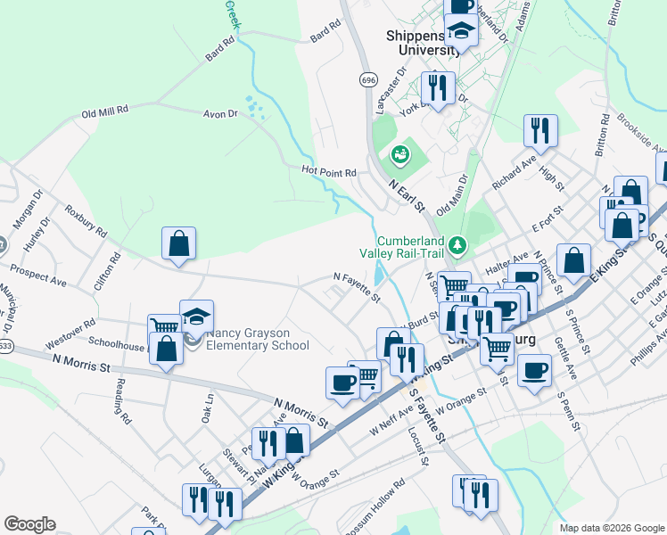 map of restaurants, bars, coffee shops, grocery stores, and more near 305 North Fayette Street in Shippensburg