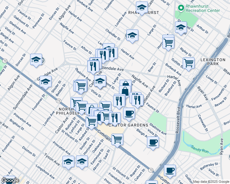 map of restaurants, bars, coffee shops, grocery stores, and more near 2114 Oakmont Street in Philadelphia