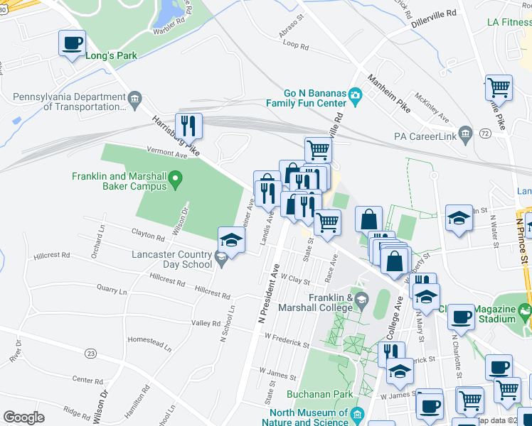map of restaurants, bars, coffee shops, grocery stores, and more near 920 Landis Avenue in Lancaster