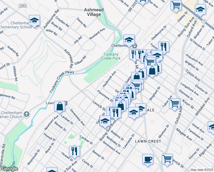 map of restaurants, bars, coffee shops, grocery stores, and more near 304 Gilham Street in Philadelphia