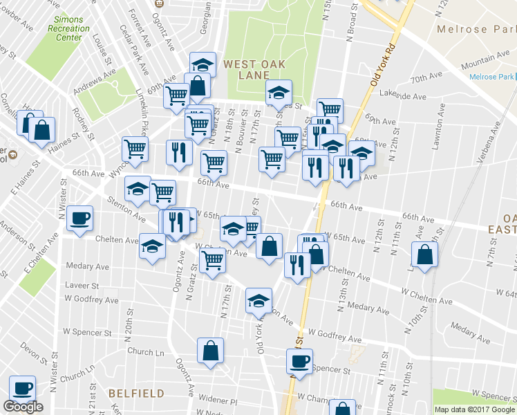 map of restaurants, bars, coffee shops, grocery stores, and more near 6529 North Smedley Street in Philadelphia