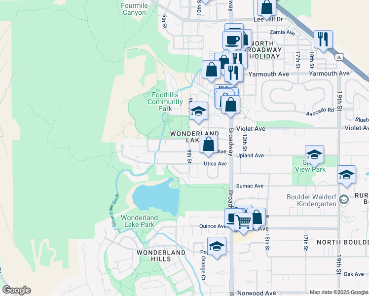 map of restaurants, bars, coffee shops, grocery stores, and more near 865 Utica Avenue in Boulder