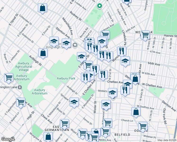 map of restaurants, bars, coffee shops, grocery stores, and more near 5738 Crittenden Street in Philadelphia