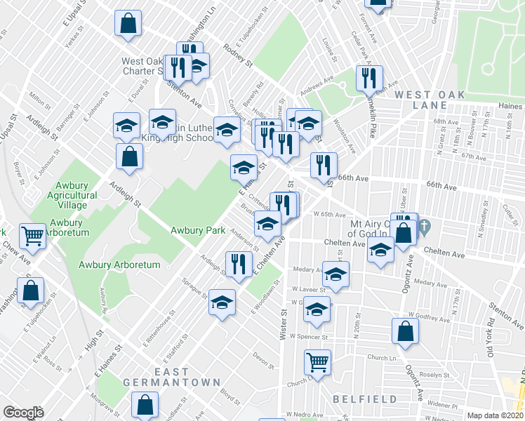 map of restaurants, bars, coffee shops, grocery stores, and more near 5801 Brush Road in Philadelphia