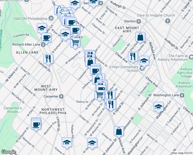 map of restaurants, bars, coffee shops, grocery stores, and more near 6745 Germantown Avenue in Philadelphia
