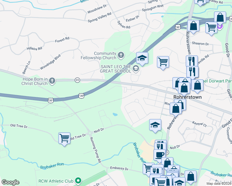 map of restaurants, bars, coffee shops, grocery stores, and more near 535 Red Maple Way in Lancaster