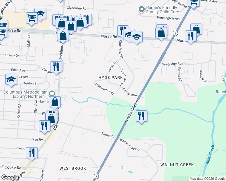 map of restaurants, bars, coffee shops, grocery stores, and more near 3963 Milverton Way in Columbus