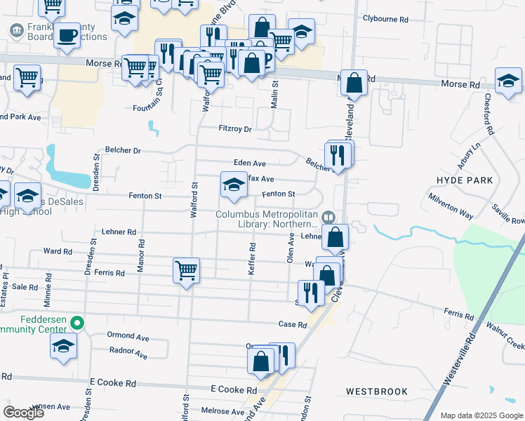 map of restaurants, bars, coffee shops, grocery stores, and more near 4133 Keffer Road in Columbus