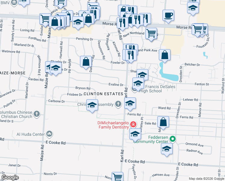 map of restaurants, bars, coffee shops, grocery stores, and more near 4133 Karl Road in Columbus