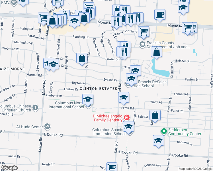 map of restaurants, bars, coffee shops, grocery stores, and more near 4133 Karl Road in Columbus