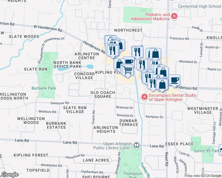 map of restaurants, bars, coffee shops, grocery stores, and more near 4751 Nugent Drive in Upper Arlington