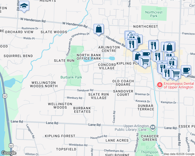 map of restaurants, bars, coffee shops, grocery stores, and more near 2255 Adner Court in Columbus