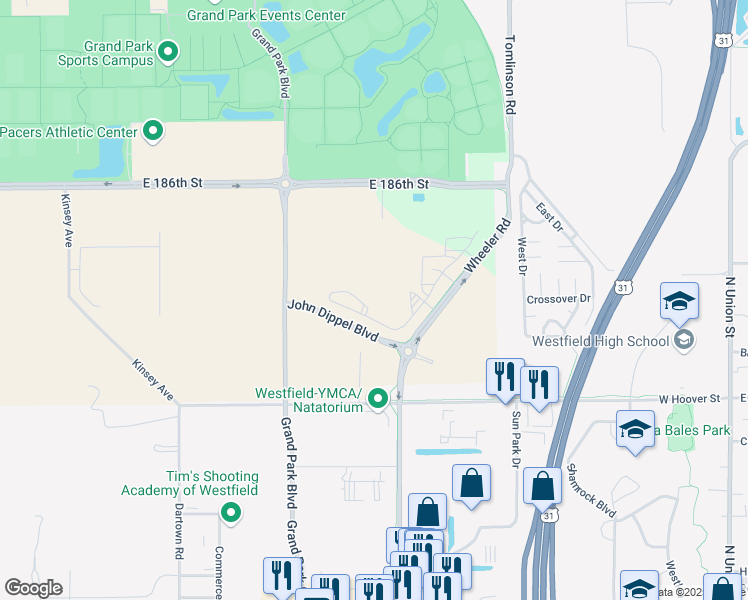 map of restaurants, bars, coffee shops, grocery stores, and more near Grand Park Boulevard in Westfield