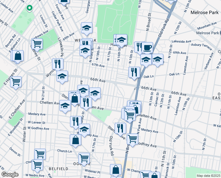 map of restaurants, bars, coffee shops, grocery stores, and more near 6529 North Smedley Street in Philadelphia