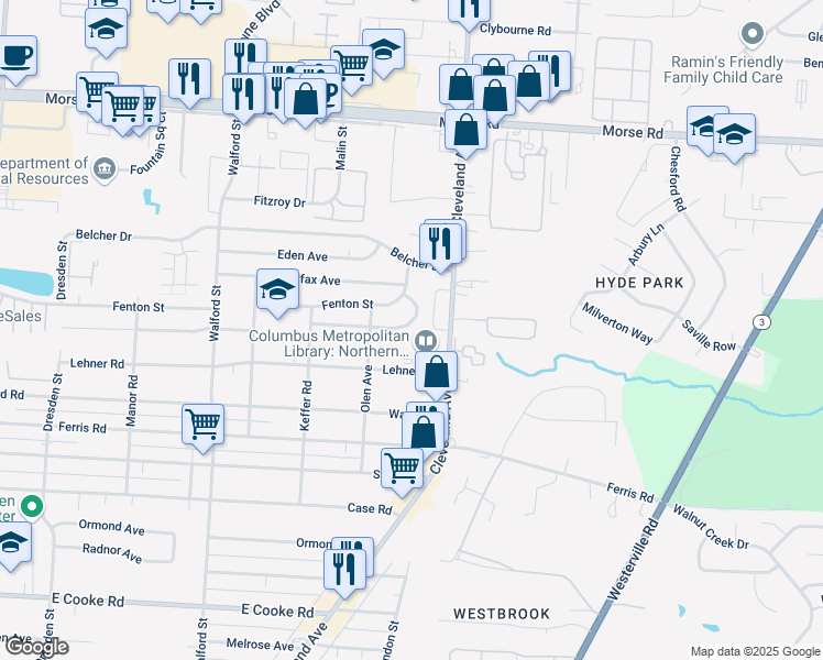 map of restaurants, bars, coffee shops, grocery stores, and more near 2319 Ashley Drive in Columbus