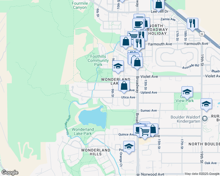 map of restaurants, bars, coffee shops, grocery stores, and more near 865 Utica Avenue in Boulder