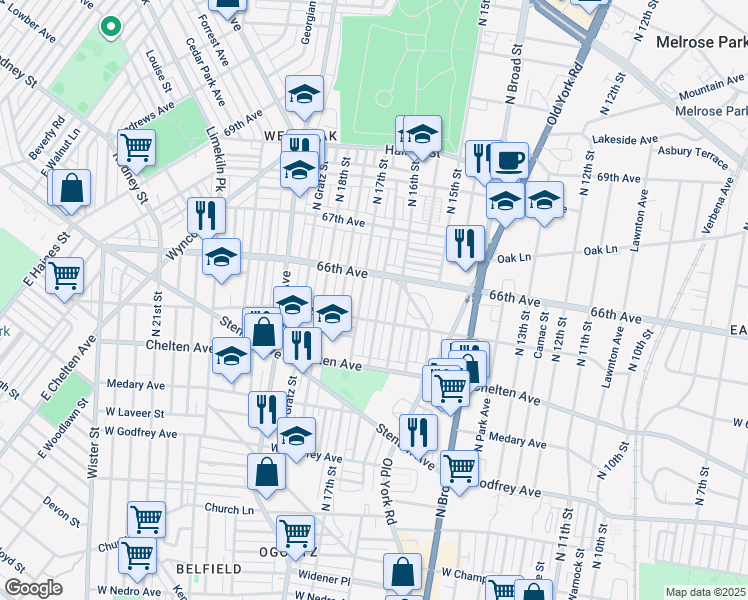 map of restaurants, bars, coffee shops, grocery stores, and more near 6526 North Smedley Street in Philadelphia