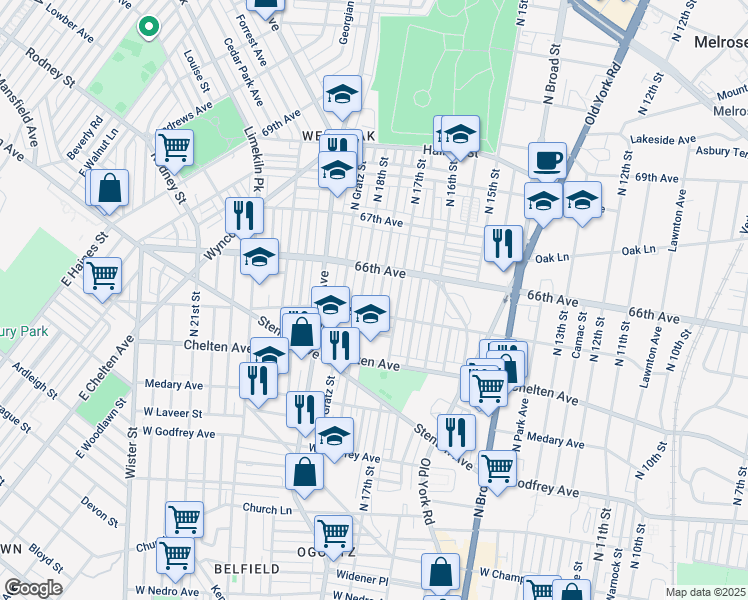 map of restaurants, bars, coffee shops, grocery stores, and more near 6518 North Bouvier Street in Philadelphia
