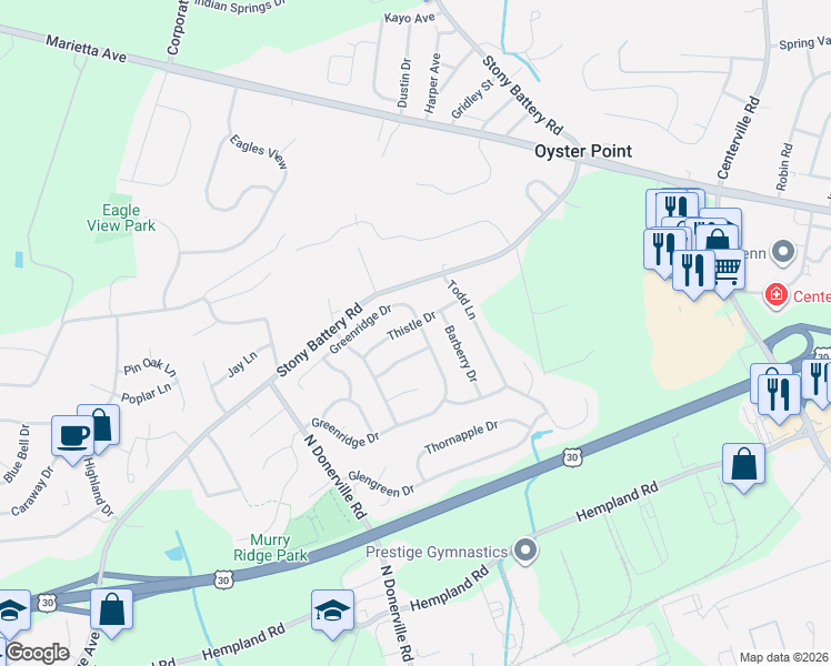 map of restaurants, bars, coffee shops, grocery stores, and more near 3183 Greentree Drive in Lancaster