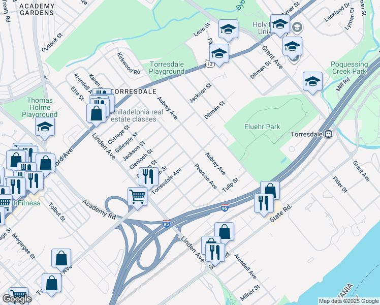 map of restaurants, bars, coffee shops, grocery stores, and more near 4625 Pearson Avenue in Philadelphia
