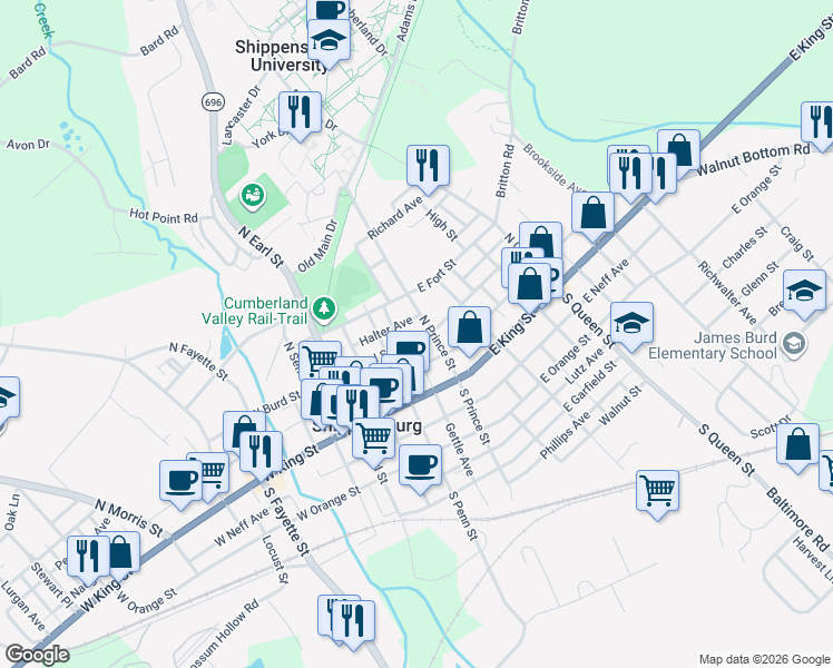 map of restaurants, bars, coffee shops, grocery stores, and more near 114 East Burd Street in Shippensburg