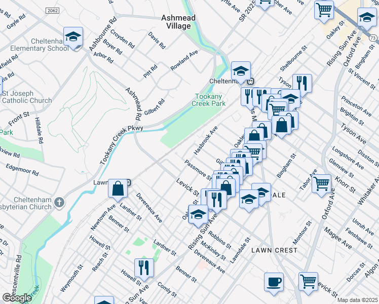 map of restaurants, bars, coffee shops, grocery stores, and more near 6517 Newtown Avenue in Philadelphia