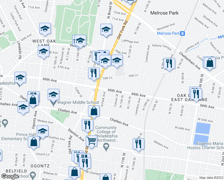 map of restaurants, bars, coffee shops, grocery stores, and more near N 13th St in Philadelphia