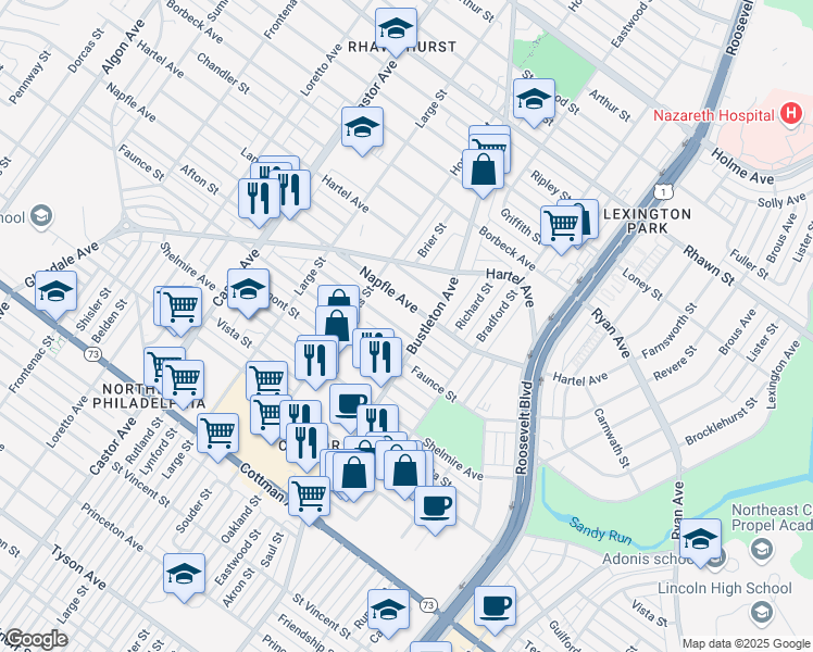 map of restaurants, bars, coffee shops, grocery stores, and more near 2245 Afton Street in Philadelphia