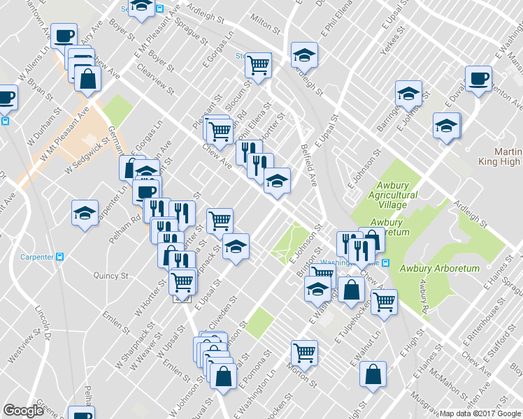 map of restaurants, bars, coffee shops, grocery stores, and more near 366 East Upsal Street in Philadelphia
