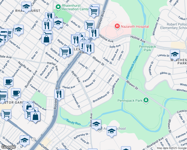 map of restaurants, bars, coffee shops, grocery stores, and more near 7827 Farnsworth Street in Philadelphia
