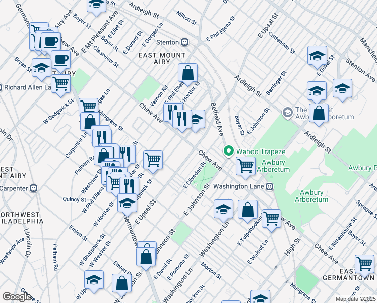 map of restaurants, bars, coffee shops, grocery stores, and more near 363 East Upsal Street in Philadelphia