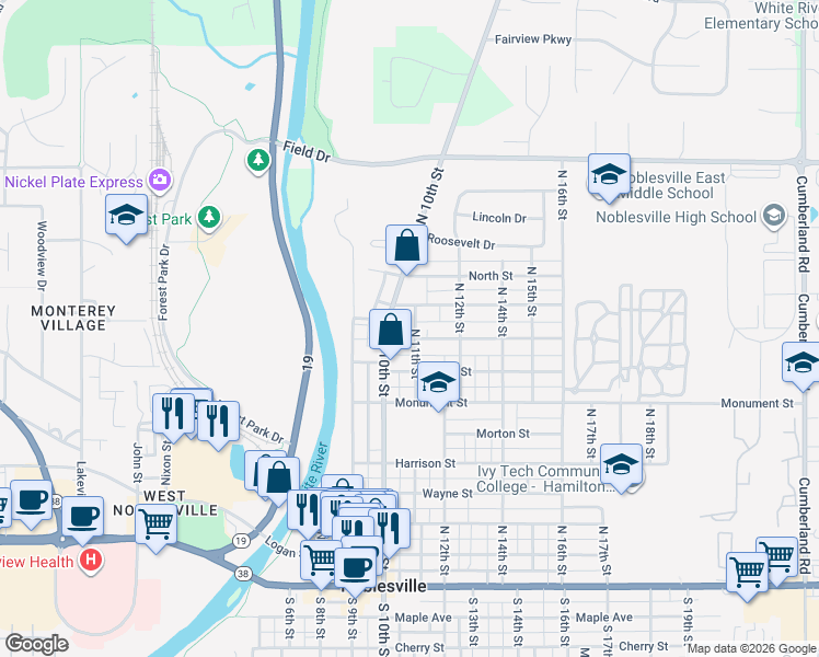 map of restaurants, bars, coffee shops, grocery stores, and more near 861 North 11th Street in Noblesville
