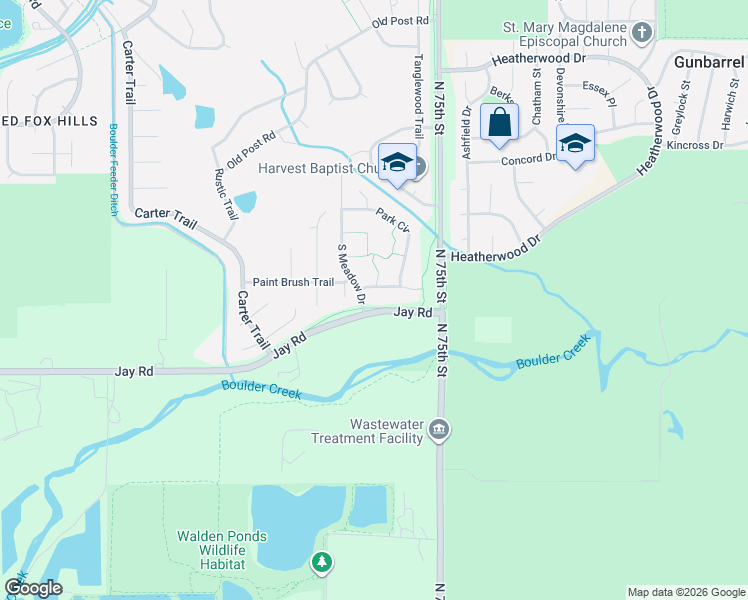 map of restaurants, bars, coffee shops, grocery stores, and more near 7390 Park Place in Boulder