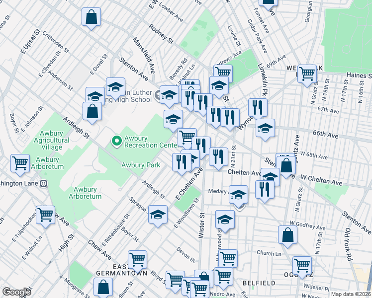 map of restaurants, bars, coffee shops, grocery stores, and more near 5738 Crittenden Street in Philadelphia