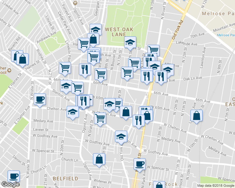 map of restaurants, bars, coffee shops, grocery stores, and more near 6528 North Smedley Street in Philadelphia