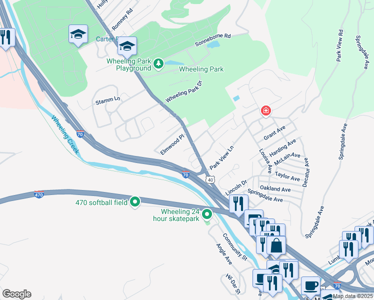map of restaurants, bars, coffee shops, grocery stores, and more near 3 Belle Fern Pl in Wheeling