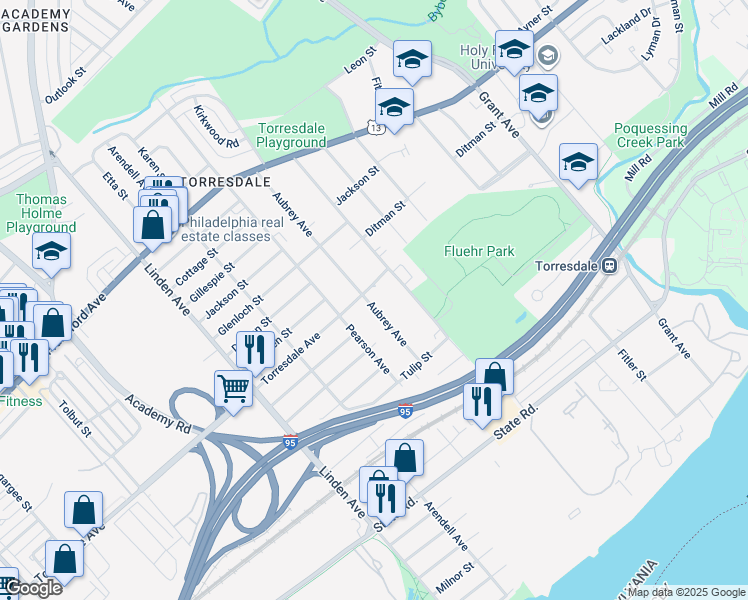 map of restaurants, bars, coffee shops, grocery stores, and more near 9501 Torresdale Avenue in Philadelphia