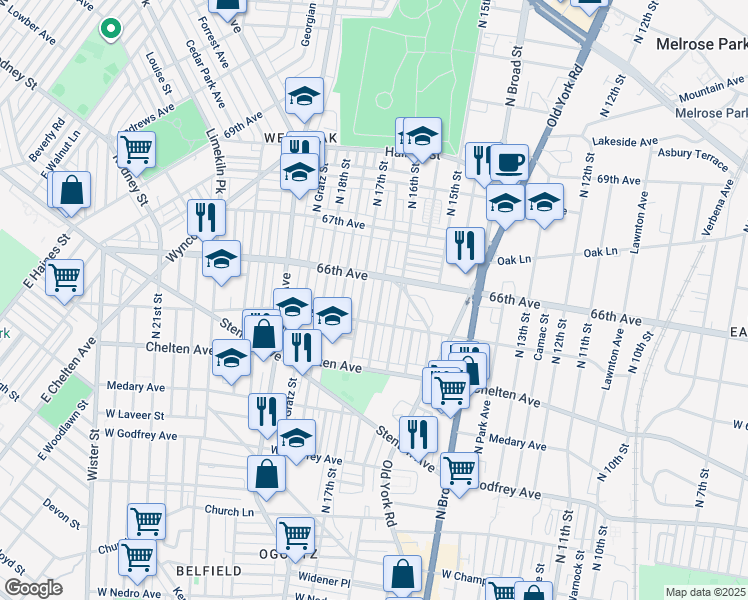 map of restaurants, bars, coffee shops, grocery stores, and more near 6528 North Smedley Street in Philadelphia