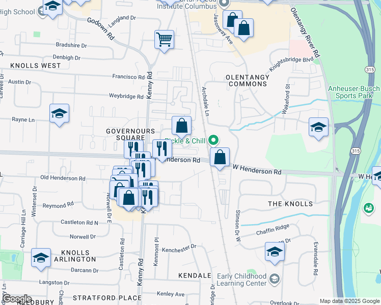 map of restaurants, bars, coffee shops, grocery stores, and more near 1004 Benchmark Park Drive in Columbus