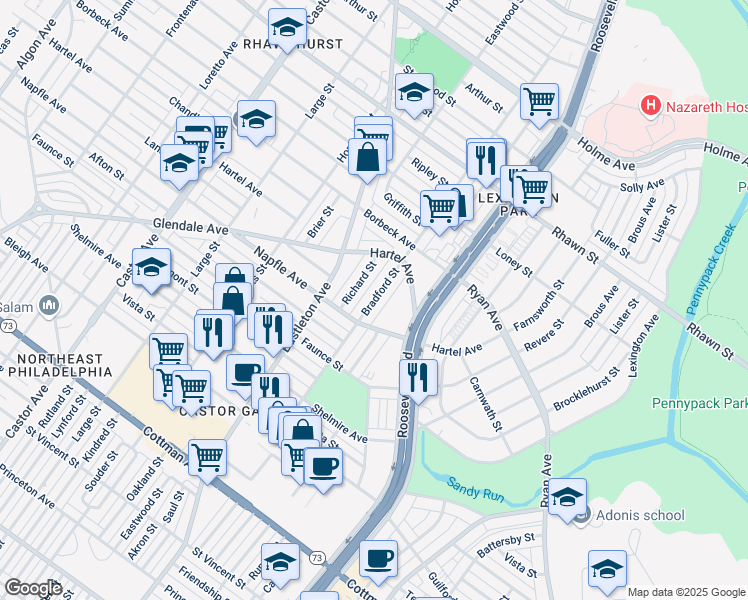 map of restaurants, bars, coffee shops, grocery stores, and more near Bradford Street in Philadelphia
