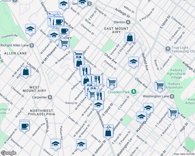 map of restaurants, bars, coffee shops, grocery stores, and more near 59 East Phil Ellena Street in Philadelphia